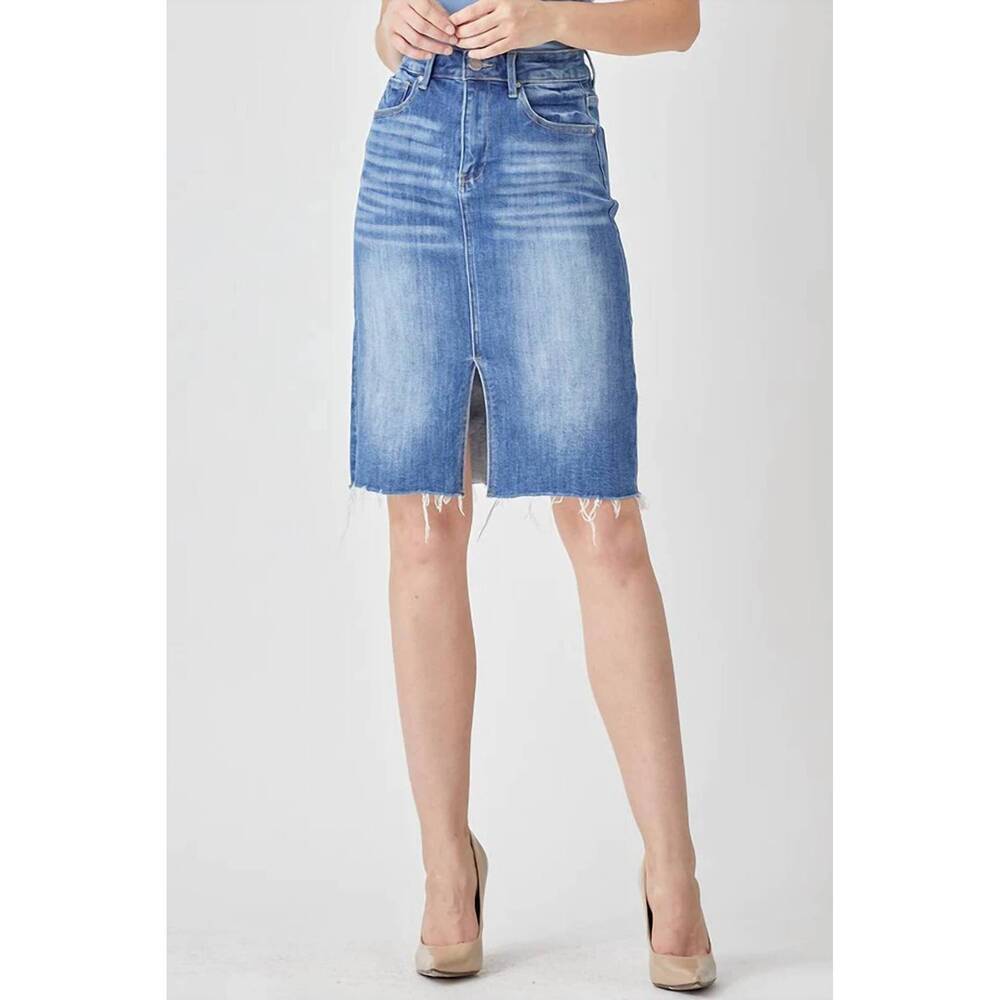 NEW RISEN camilla high rise pencil skirt with slit in medium blue